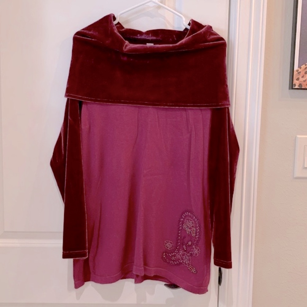 Coldwater Creek Off Shoulder Velvet Paisley Tunic Sweater Wine Red Size …